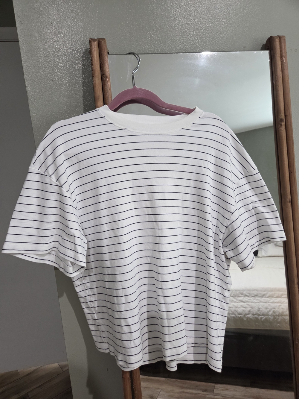 Babaton White Tee with Thin Navy Stripes